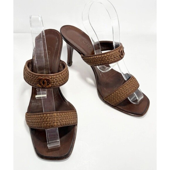 Chanel Brown Leather & Raffia Strap Heels Sandals CC Logo Vintage Sz EU 36 6 - Picture 1 of 13